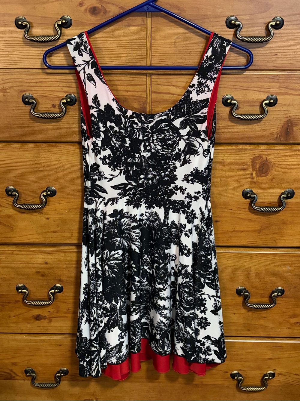 Twirly Girl Black & White Floral Scoop Neck Dress with Red Reverse Side
